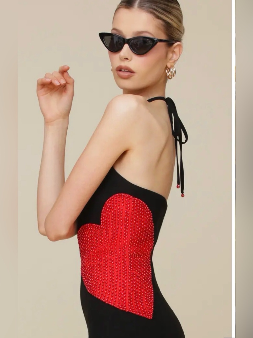 Avec Les Filles Women's Black Beaded-Heart Halter-Neck Dress Size 4